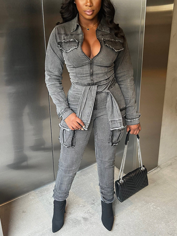 Edgy Belt Denim Jumpsuits