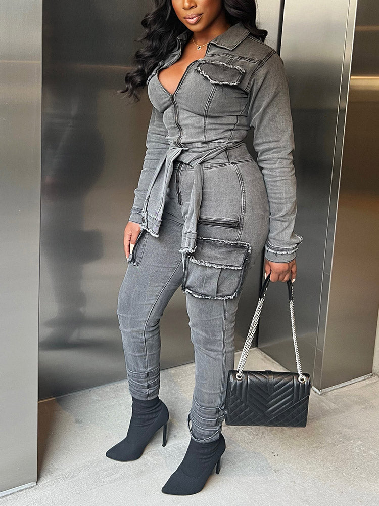 Edgy Belt Denim Jumpsuits