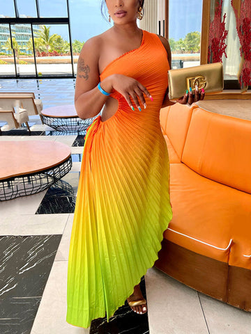 Ombre One Shoulder Pleated Dresses