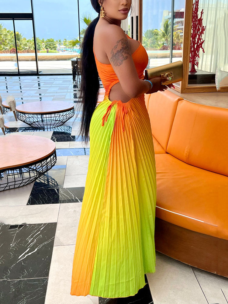 Ombre One Shoulder Pleated Dresses