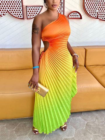 Ombre One Shoulder Pleated Dresses