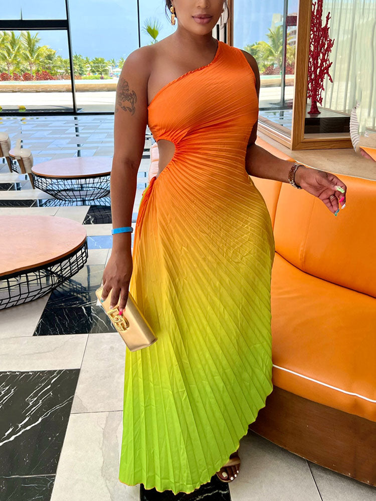 Ombre One Shoulder Pleated Dresses