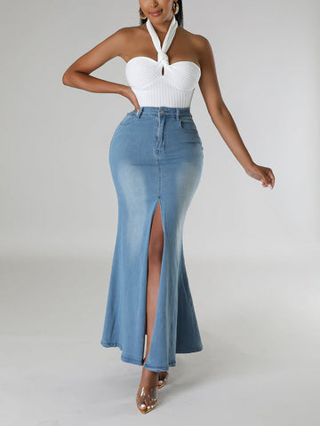 Front Slit Denim Skirts