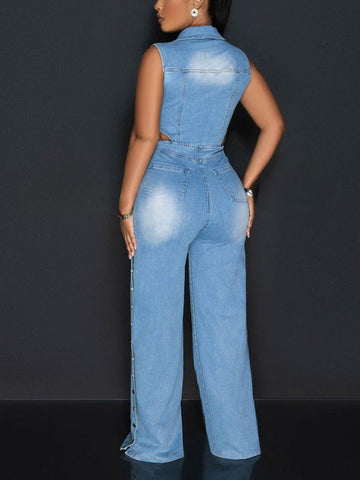 Snap It Out Wide Denim Jumpsuits
