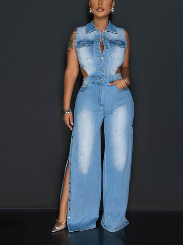 Snap It Out Wide Denim Jumpsuits