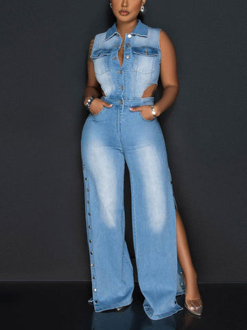 Snap It Out Wide Denim Jumpsuits