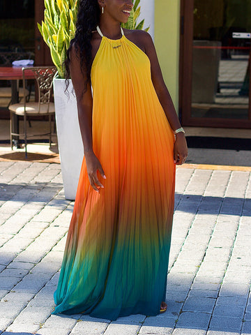 Ombre Pleated Backless Maxi Dresses