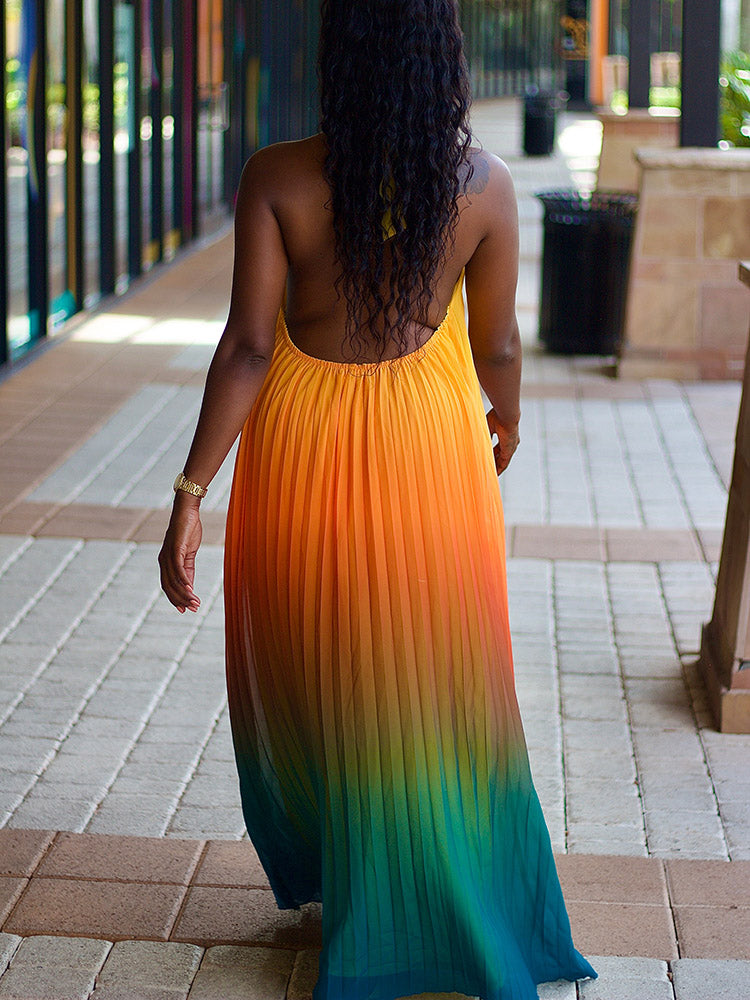 Ombre Pleated Backless Maxi Dresses
