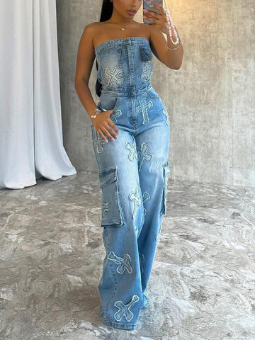 Cross Strapless Denim Jumpsuits