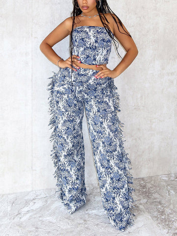 Vintage Tube Top Fringe Pants Set