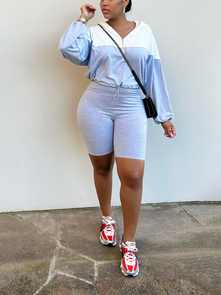 Half Zip Hoodie Biker Shorts Set