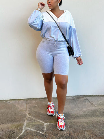 Half Zip Hoodie Biker Shorts Set