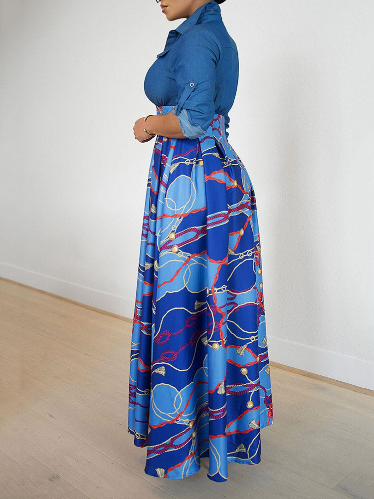 Denim Contrast Print Dresses