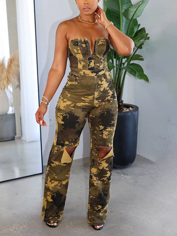 Ripped Strapless Camo Jumpsuits