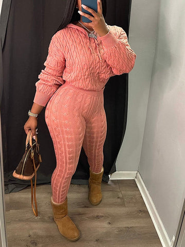 Knit Hoodie Crop Top Pants Set