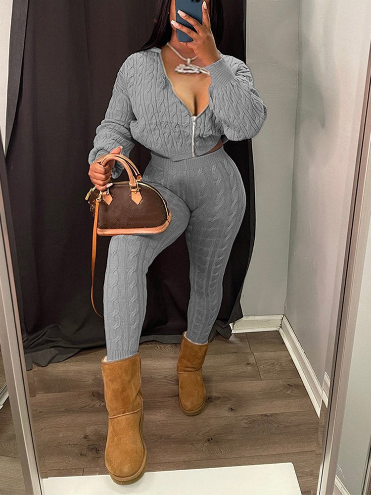 Knit Hoodie Zipper Top Pants Set