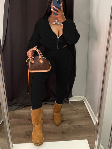 Knit Hoodie Zipper Top Pants Set