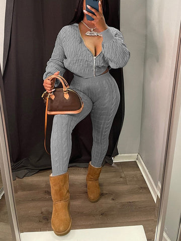 Knit Hoodie Zipper Top Pants Set