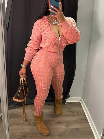 Knit Hoodie Zipper Top Pants Set