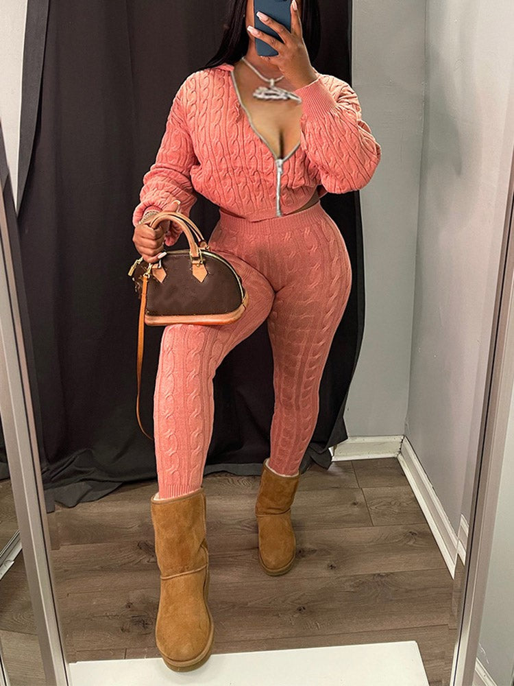 Knit Hoodie Zipper Top Pants Set