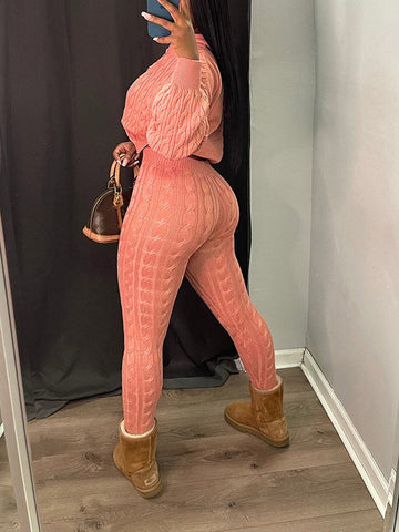 Knit Hoodie Zipper Top Pants Set