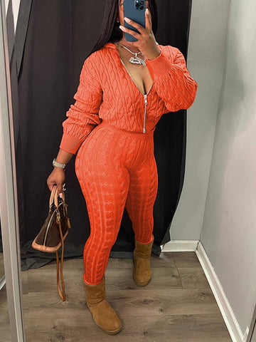 Knit Hoodie Zipper Top Pants Set