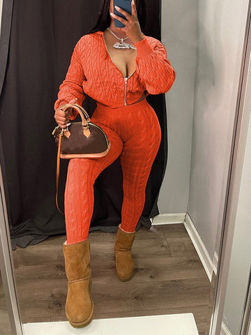 Knit Hoodie Zipper Top Pants Set