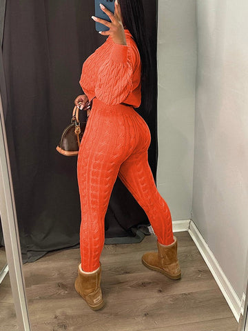Knit Hoodie Zipper Top Pants Set