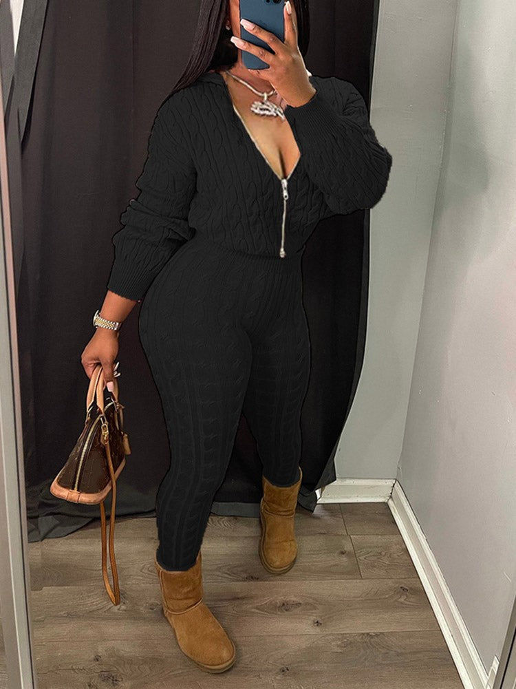 Knit Hoodie Zipper Top Pants Set