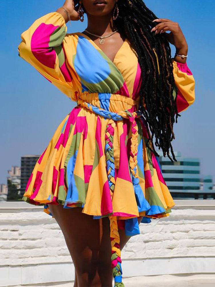 Tie Dye With Belt V Neck Dresses