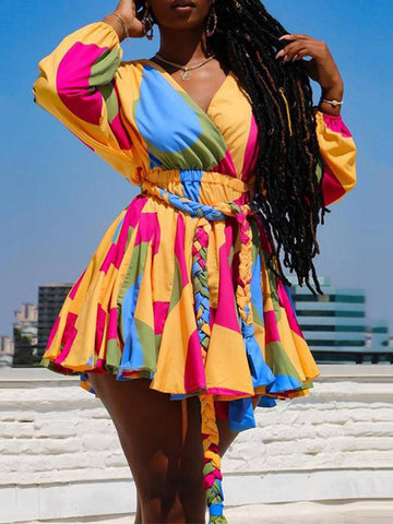 Tie Dye With Belt V Neck Dresses
