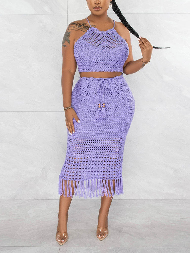 Crochet Halter Top Tassels Skirt Set