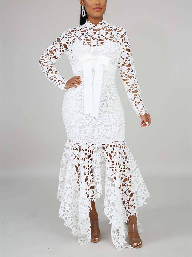 Lace O Neck Irregular Maxi Dresses