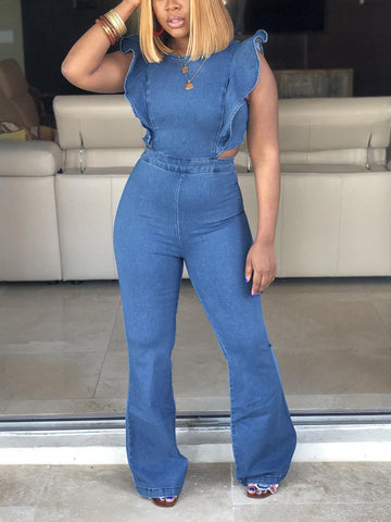 Ruffle Denim Jumpsuits