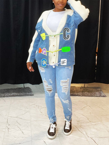 Button Denim Knit Cardigans