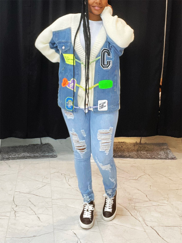 Button Denim Knit Cardigans
