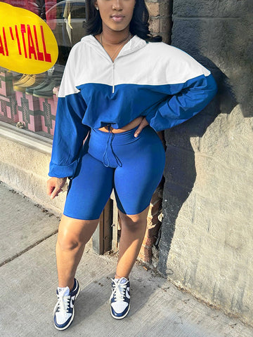 Half Zip Hoodie Biker Shorts Set