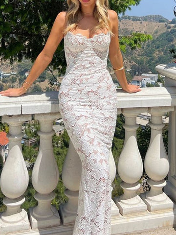 Lace Backless Slit Maxi Dress