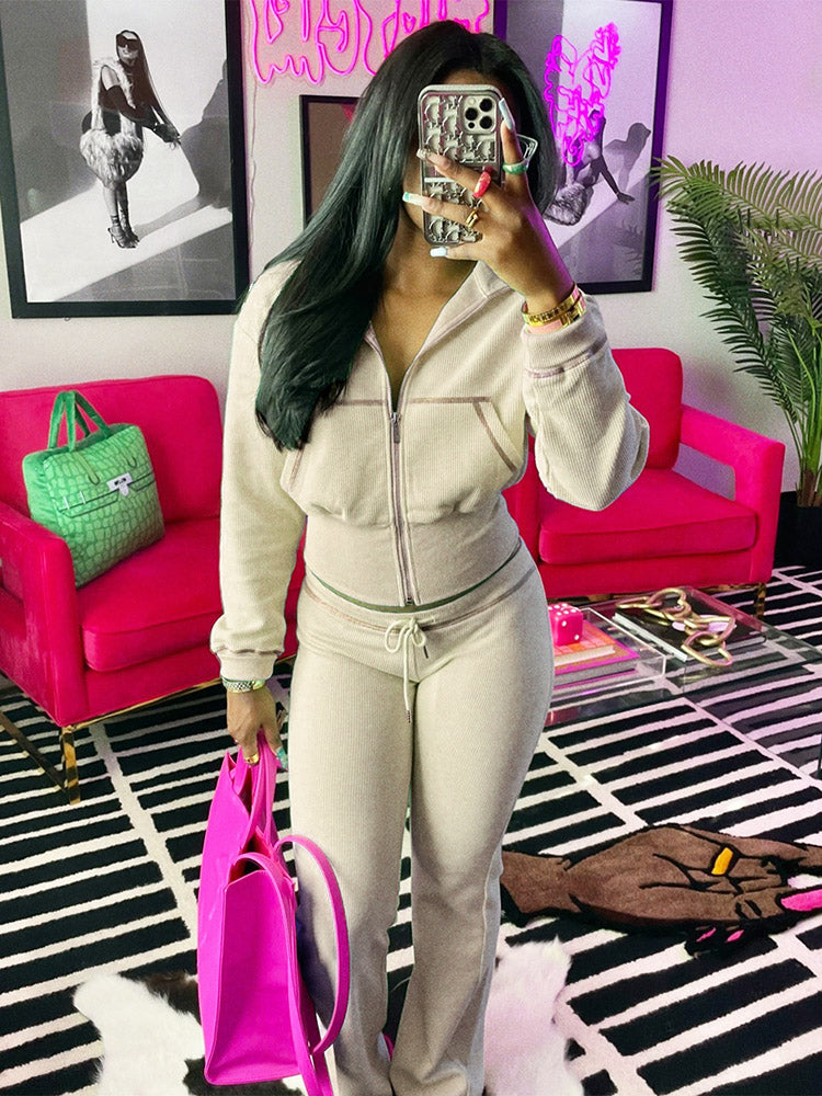 Waffle Jacket  Flare Pants Set