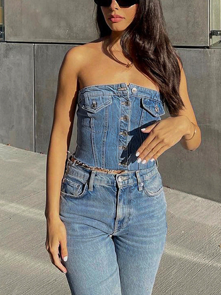 Strapless Button Denim Crop Tops