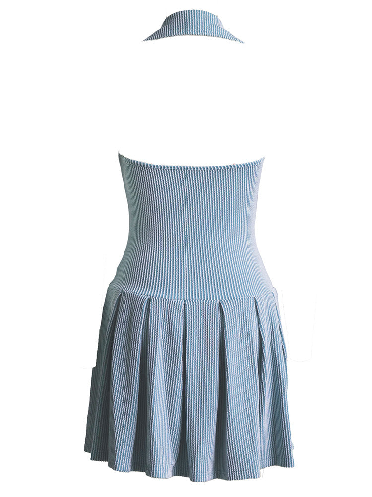 Button Halter Backless Skort Dresses