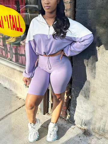 Half Zip Hoodie Biker Shorts Set