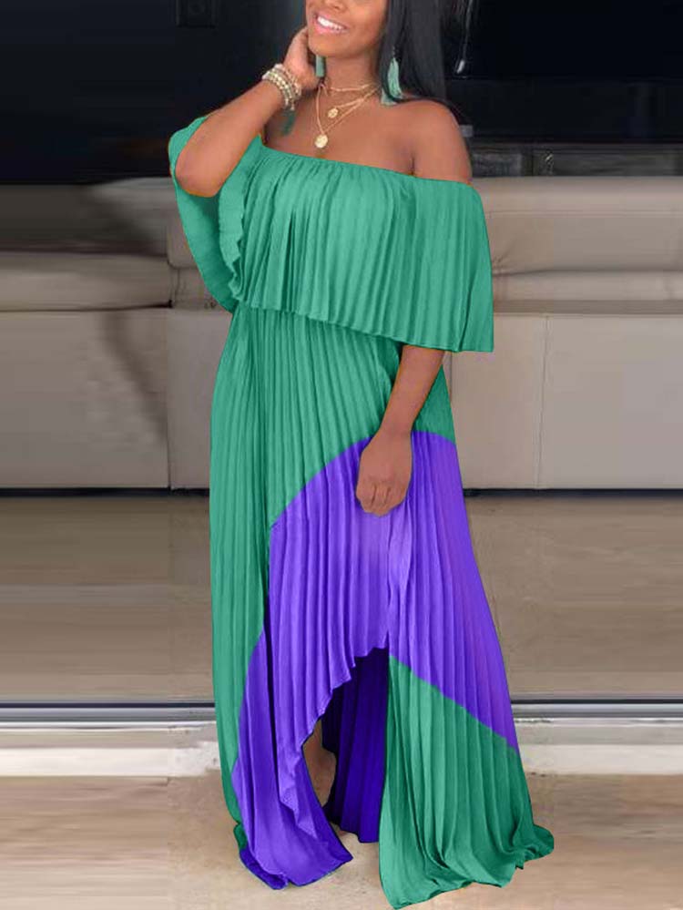 Off Shoulder Ombre Pleated Maxi Dresses