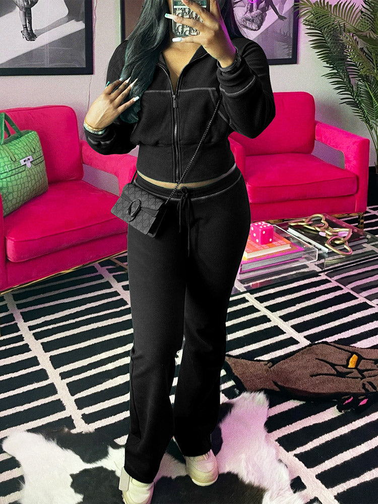 Waffle Jacket  Flare Pants Set