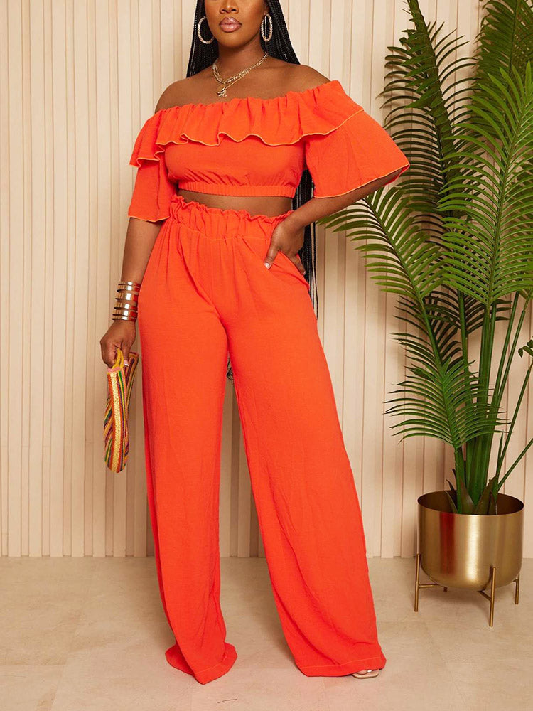 Ruffle Crop Top  Wide Pants Set