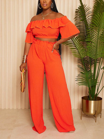 Ruffle Crop Top  Wide Pants Set