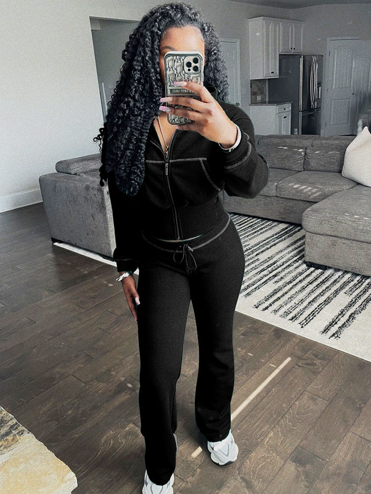Waffle Jacket  Flare Pants Set