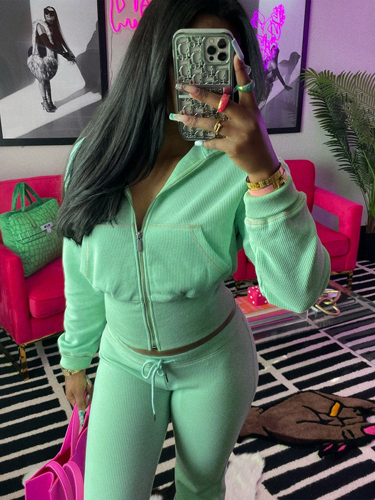 Waffle Jacket  Flare Pants Set