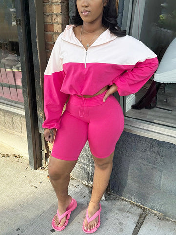 Half Zip Hoodie Biker Shorts Set