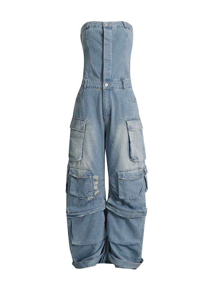 Denim Strapless Cargo Jumpsuits